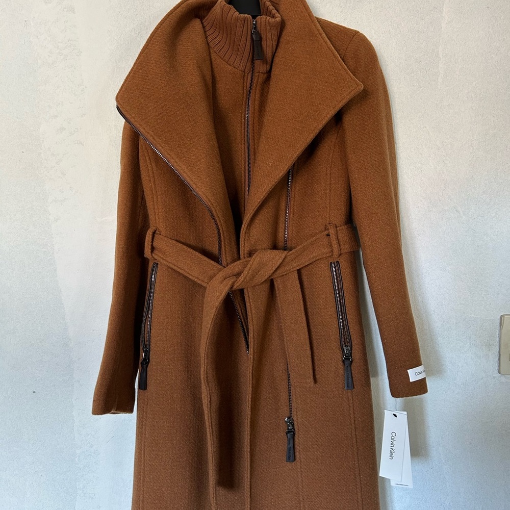 Calvin Klein Brown Trench Coat with Oversized Collar and Belt